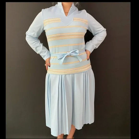 Vintage Dresses | 60s Empress of Dallas Long Sleeve Drop Waist Dress | Color: Blue/Orange | Size: See Description | Wildfirevintage's Closet